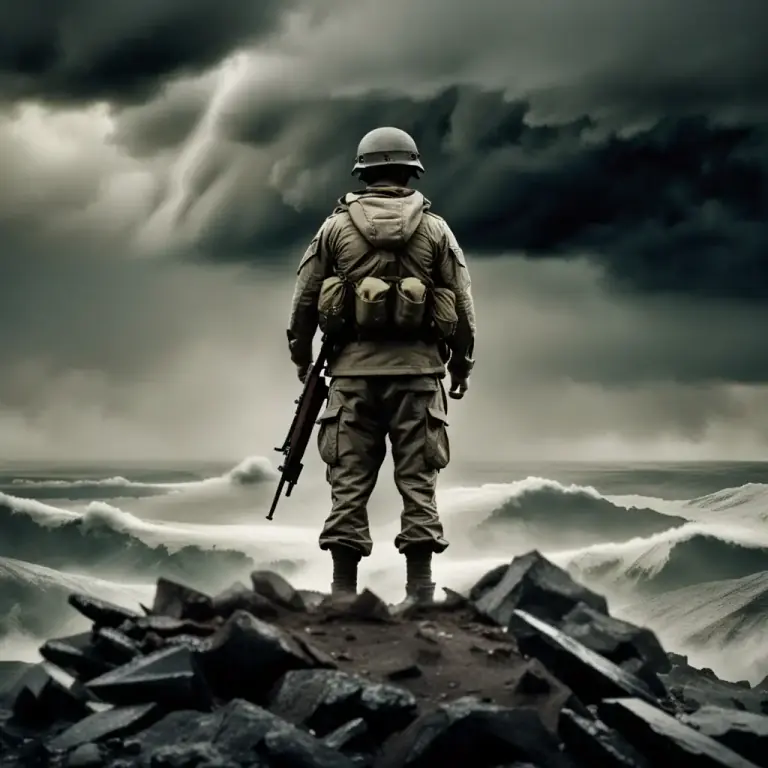 Visual representation of "soldierly" - Relating to a soldier or the duties done by soldiers.