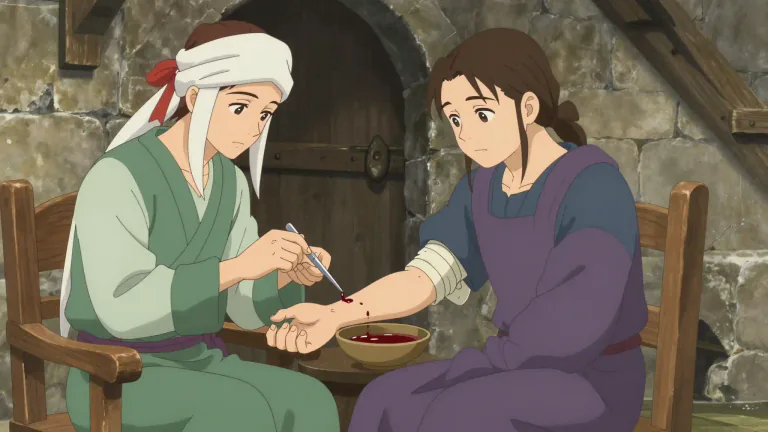Visual representation of "bloodletting" - The act of making a small cut in a person's body to remove some of their blood, often used in past times as a treatment for some diseases