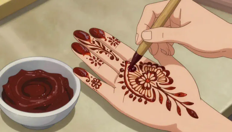 Visual representation of "henna" - A kind of plant that is used to make a dye, or the dye obtained from the plant, often used for coloring hair and making temporary skin tattoos in some cultures.