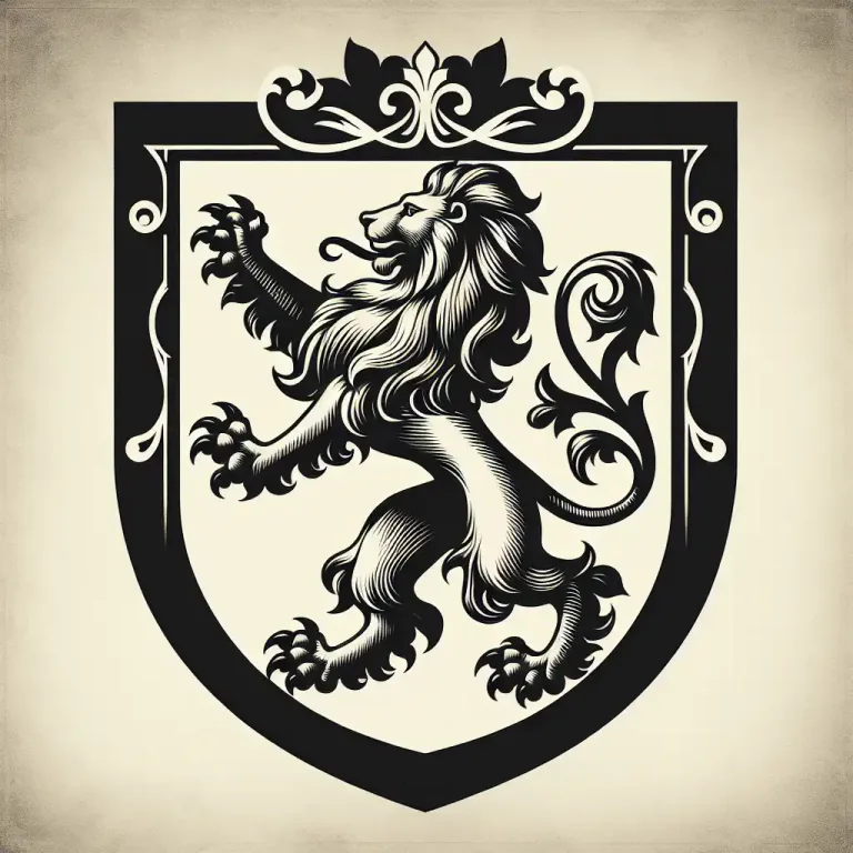 Visual representation of "rampant" - In the context of heraldry, rampant describes an animal that is shown standing on one foot with its front paws up in the air as if leaping.