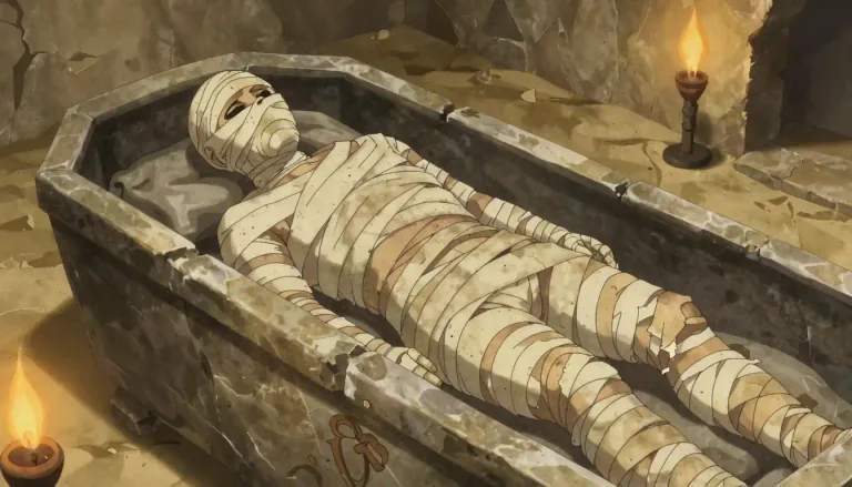Visual representation of "mummy" - The preserved body of a person or animal that has been wrapped in bandages, especially as was done in ancient Egypt.
