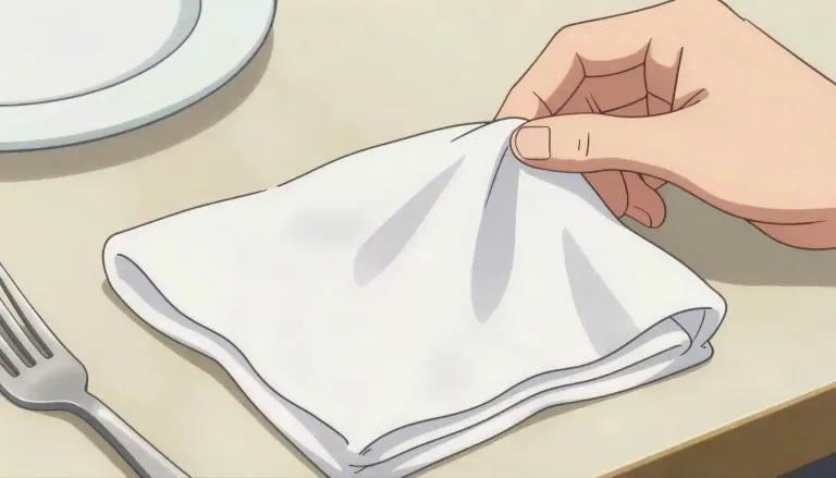Visual representation of "napkin" - A square piece of cloth or paper used at a meal to wipe the fingers or lips.