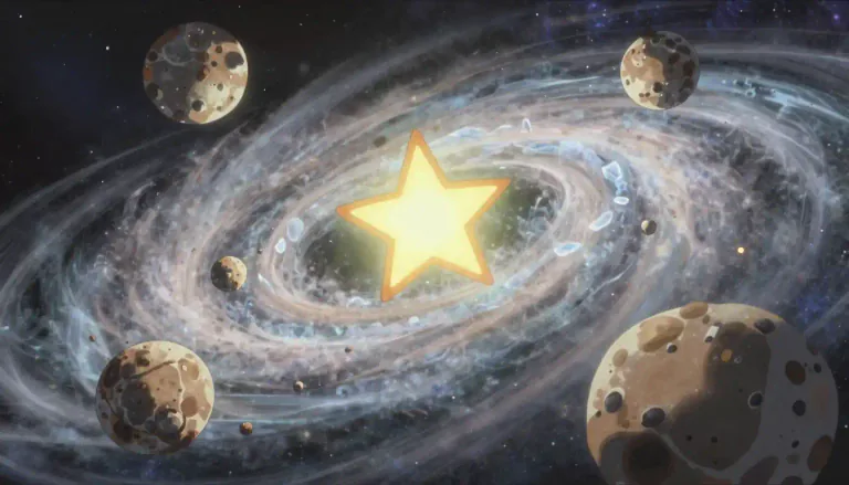 Visual representation of "planetesimal" - A small solid object formed from dust and ice in a protoplanetary disk, which can combine with other planetesimals to form planets.