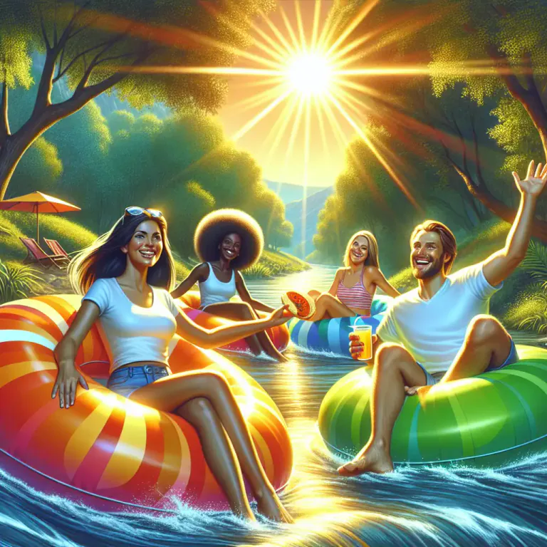 Visual representation of "tubing" - The activity of floating or sailing along a river on a tube.