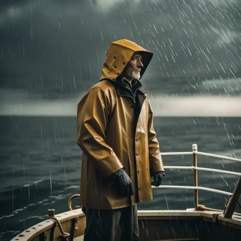 Visual representation of "oilskin" - A garment made from this waterproof material, often a coat or hat.