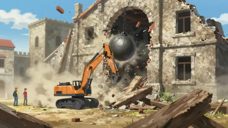 Visual representation of "demolition" - The tearing down or taking apart of a thing or things