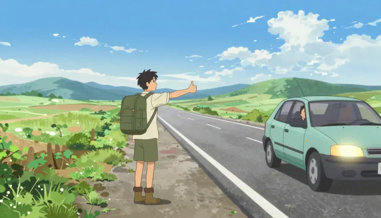 Visual representation of "hitchhike" - To travel by getting free rides from drivers of passing cars