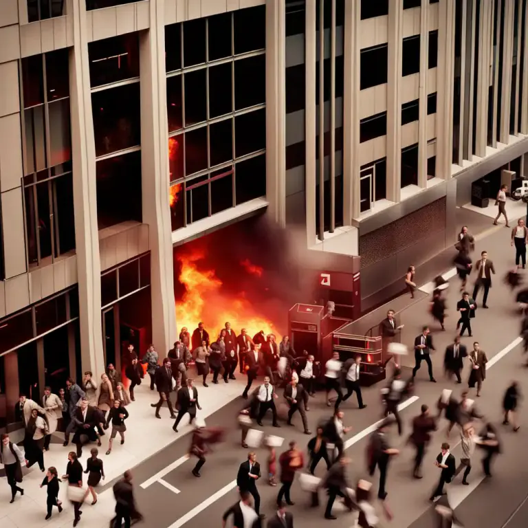Visual representation of "rush out" - To leave suddenly or quickly from a place or situation