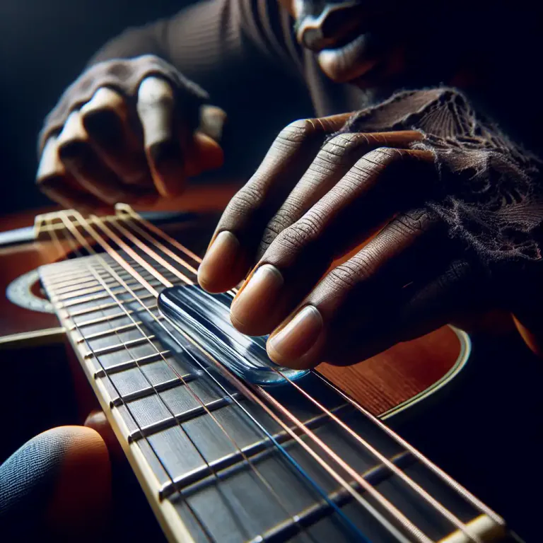 Visual representation of "bottleneck" - In music, a style of guitar playing where a slide, often made from a glass bottle neck, is used.