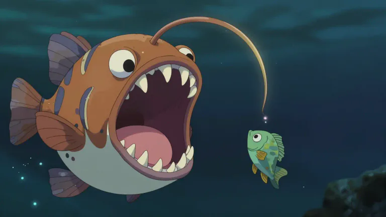 Visual representation of "angler" - A type of fish that has a large head and a wide mouth with lots of sharp teeth. It attracts its prey with a piece of skin that grows from the top of its head