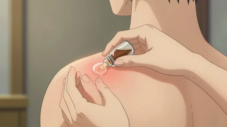 Visual representation of "liniment" - A liquid or lotion, often containing medicine, that is rubbed on the skin to relieve soreness, ache, or pain.