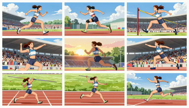 Visual representation of "heptathlon" - An athletics competition with seven different events, usually undertaken by women.