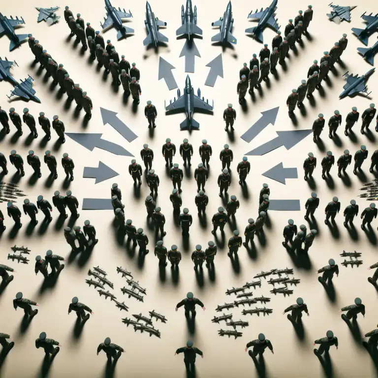 Visual representation of "dispersal" - The action of sending troops or aircrafts from a central point to different places.