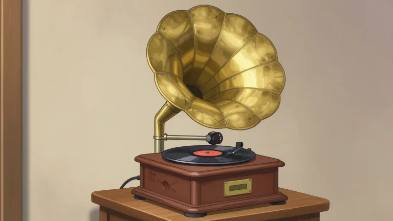 Visual representation of "phono" - A short word for phonograph, a device for playing music from the old times.