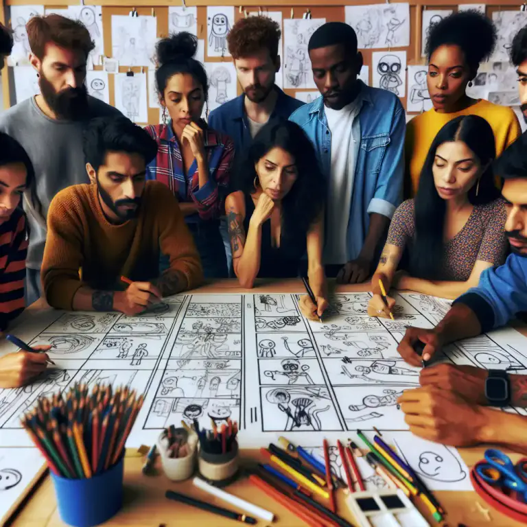 Visual representation of "storyboard" - To create a storyboard or make a detailed plan for a story, film, or animation.