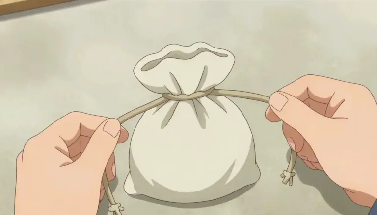 Visual representation of "drawstring" - A cord or string that can be pulled to tighten or close something, like the opening of a bag or waistband.