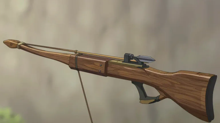 Visual representation of "crossbow" - An old weapon made of wood, consisting of a bow fixed across a stock that shoots arrows.