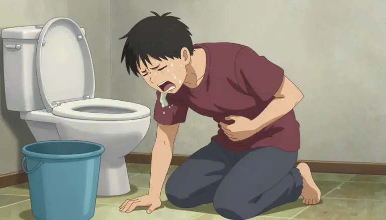 Visual representation of "emesis" - The act of expelling stomach contents through the mouth.