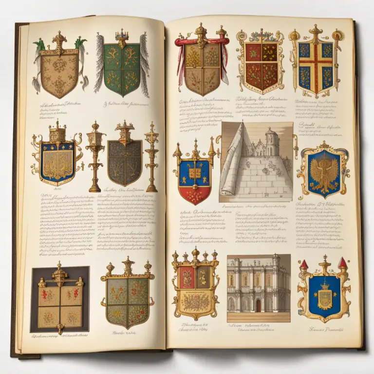 Visual representation of "heraldry" - The formal description and recording of coats of arms and other heraldic symbols.