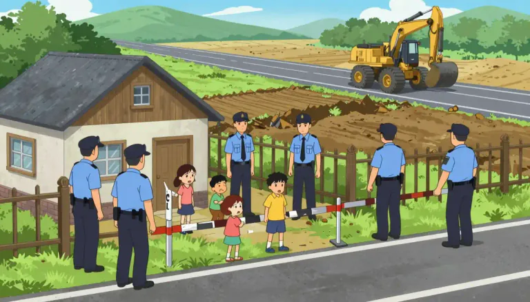 Visual representation of "expropriate" - To take away property or land from someone, usually for public use, without their permission.