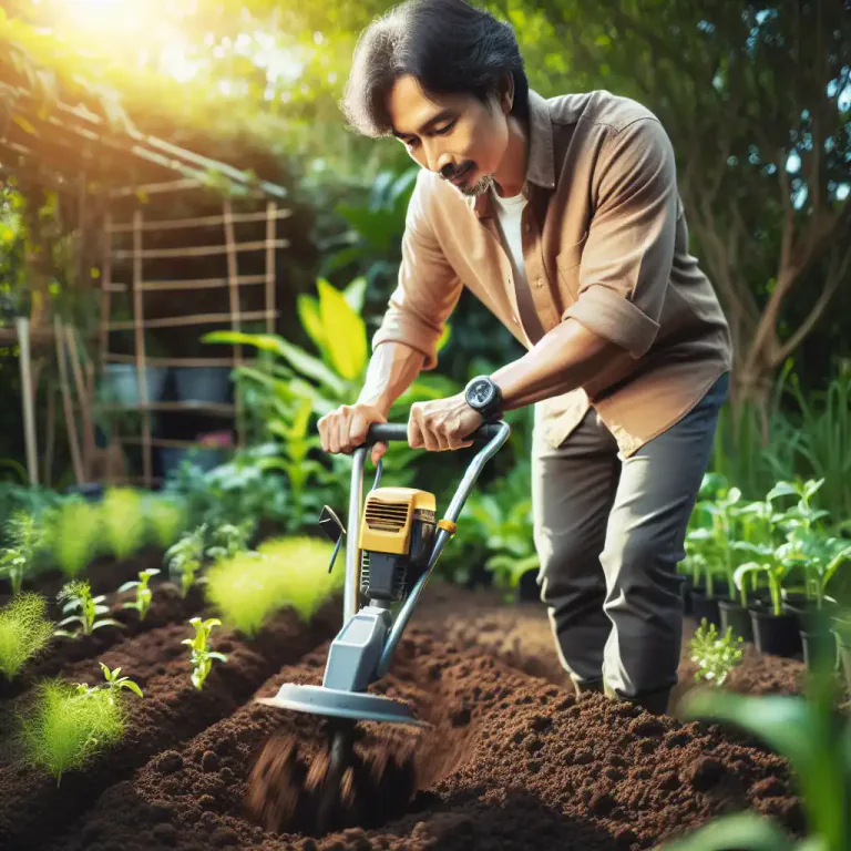 Visual representation of "tiller" - A machine or tool used to break up or turn over soil, especially before planting