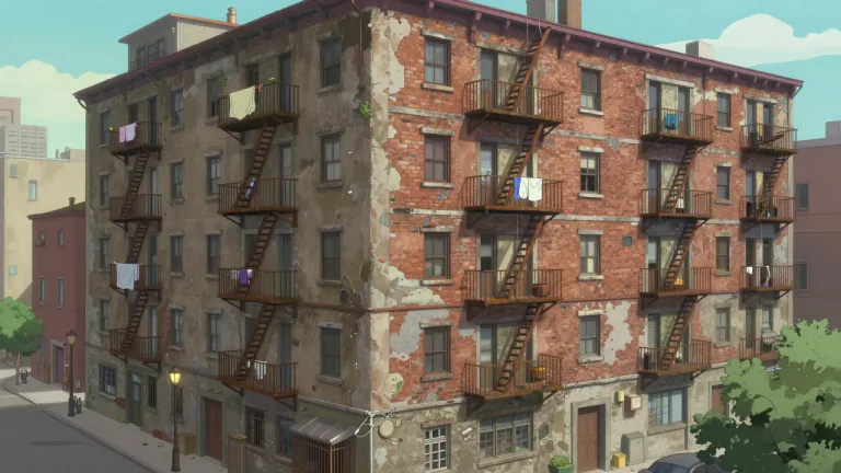 Visual representation of "tenement" - A large building divided into apartments, especially in a poor area of a city.
