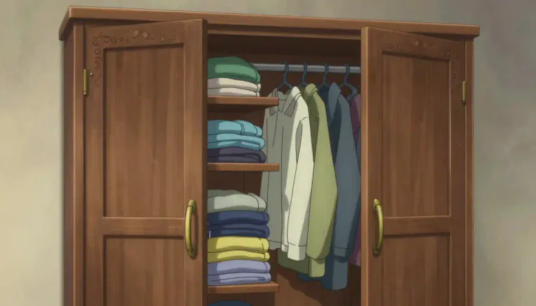 Visual representation of "armoire" - A tall piece of furniture with doors and shelves used for storing clothes.