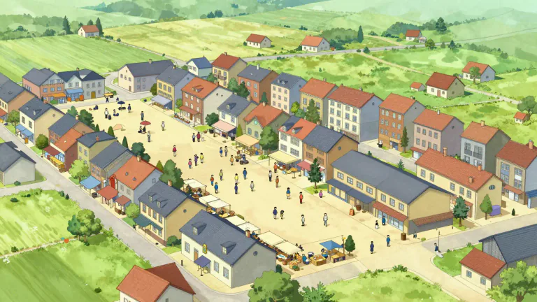 Visual representation of "town" - A large place where people live and work, larger than a village but smaller than a city.
