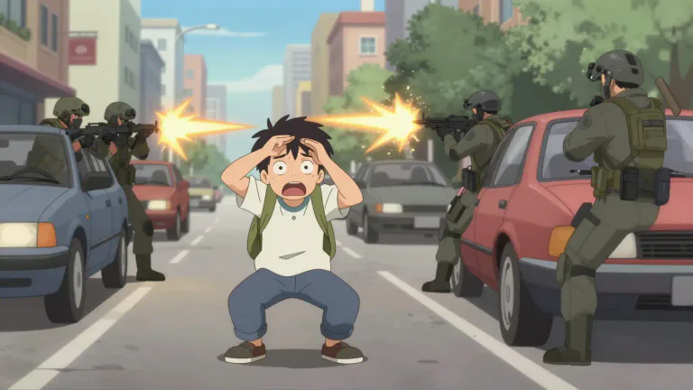Visual representation of "crossfire" - In a battle or argument, when a person or group is caught between two opponents shooting or arguing, they are in crossfire.