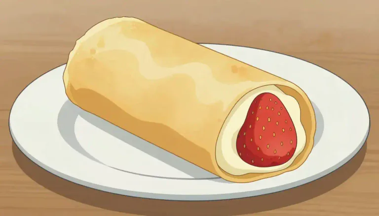 Visual representation of "crepe" - A thin pancake, usually rolled up with sweet or savory fillings inside.