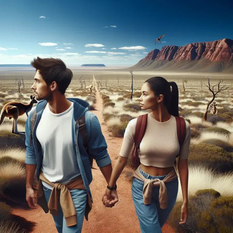 Visual representation of "outback" - In or to a remote or undeveloped area, especially in Australia.