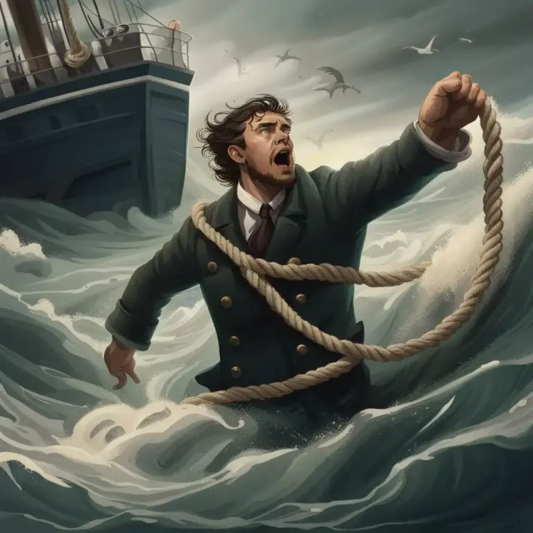 Visual representation of "lifeline" - A rope or line for life-saving, attached to a ship or boat and thrown to someone drowning in water
