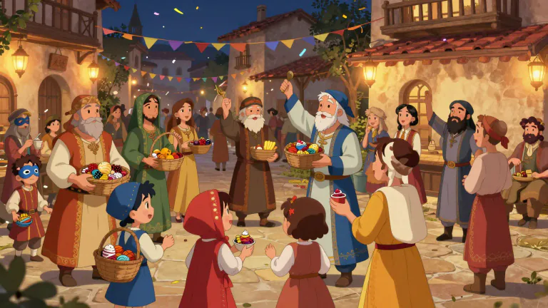 Visual representation of "purim" - A Jewish holiday commemorating the saving of the Jews from destruction, as recorded in the Book of Esther.