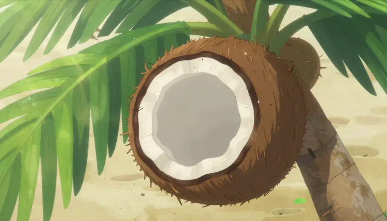 Visual representation of "coconut" - A large nut with a hard shell and white flesh that grows on the coco palm tree.