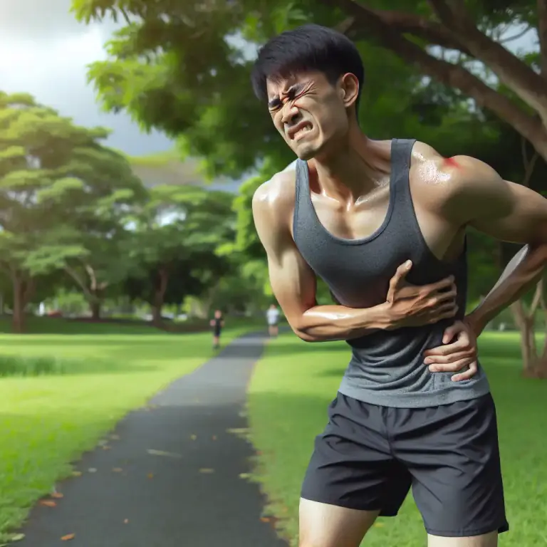 Visual representation of "stitch" - A pain, usually in the side of the body from exercising.