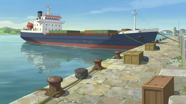 Visual representation of "quay" - A platform or solid structure in the water by the sea or a river for ships to be tied up or to load and unload goods.