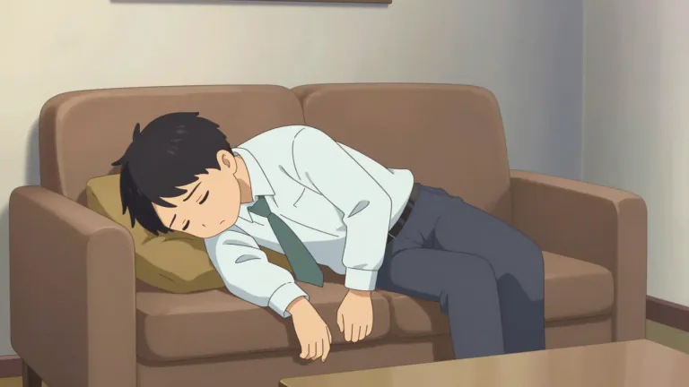 Visual representation of "slump" - To sit, lean or fall heavily and suddenly, especially because you are tired, relax or give up hope