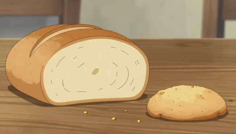 Visual representation of "crumb" - A tiny piece of bread, cake, or biscuit.