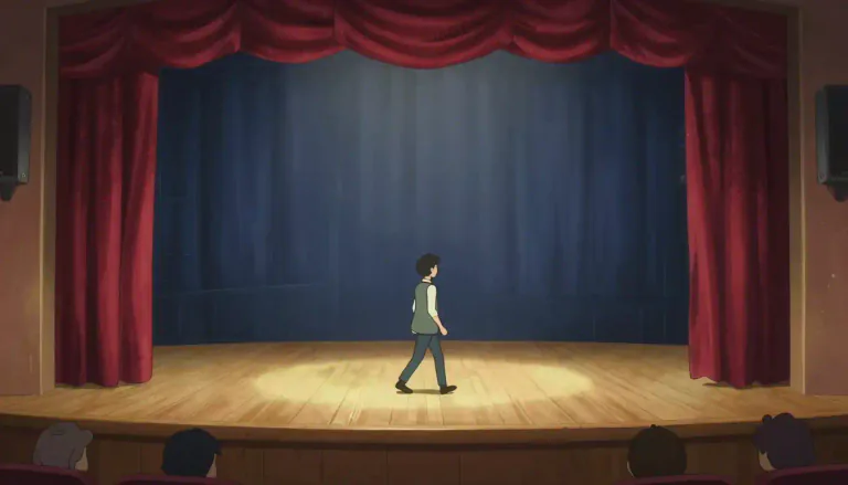 Visual representation of "onstage" - When someone or something is on the stage during a play or performance.