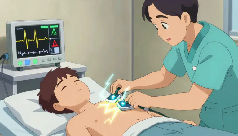 Visual representation of "defibrillation" - A medical procedure that uses an electric shock to restore the normal rhythm of the heart.