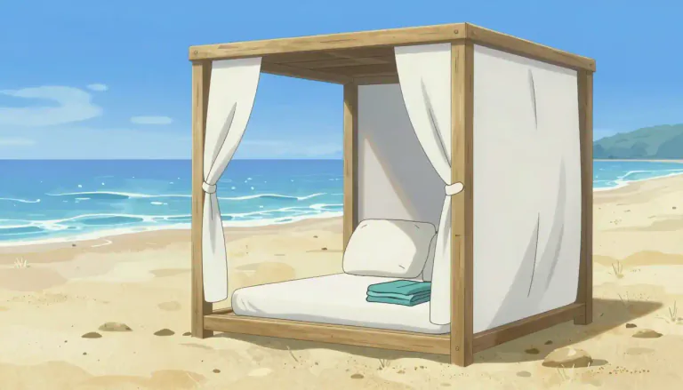Visual representation of "cabana" - A small, simple structure or tent, typically located by a pool or beach, used for shelter and relaxation.
