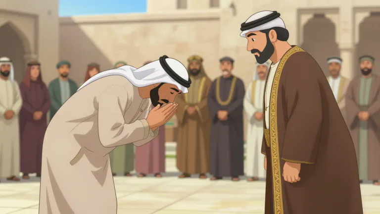 Visual representation of "salaam" - A gesture or greeting in many Middle Eastern and North African cultures, similar to a bow or curtsy, used to say hello or show respect.