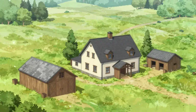 Visual representation of "outbuilding" - A smaller building separate from the main building, like a shed or a barn, built outside a main building on a piece of land