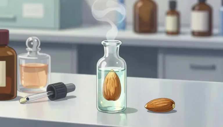 Visual representation of "benzaldehyde" - A colorless liquid organic compound with a distinctive almond-like odor used in flavoring, perfumes, and as a precursor for other organic compounds.