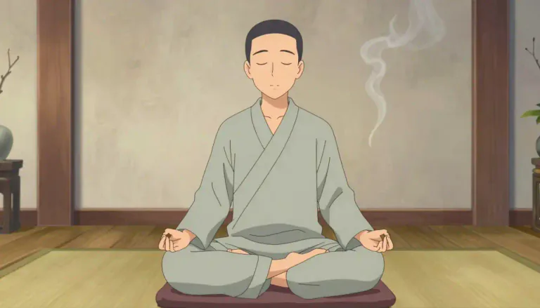 Visual representation of "zazen" - A form of meditation in Zen Buddhism, where one sits in a particular way to gain insight and tranquility.