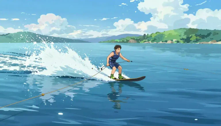 Visual representation of "waterski" - The sport of gliding on skis over the surface of water.