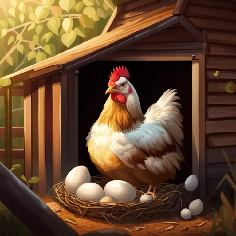 Visual representation of "broody" - A hen that wants to sit on eggs to hatch them into chicks.