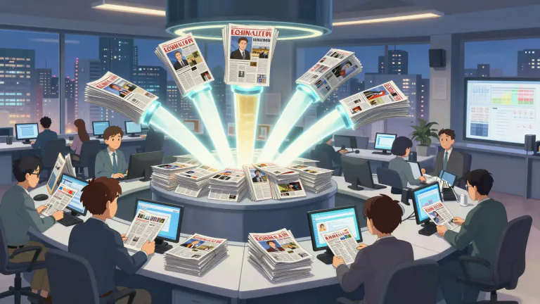 Visual representation of "syndicate" - A company that sells articles, features, or photographs for publication in a number of newspapers or periodicals simultaneously.