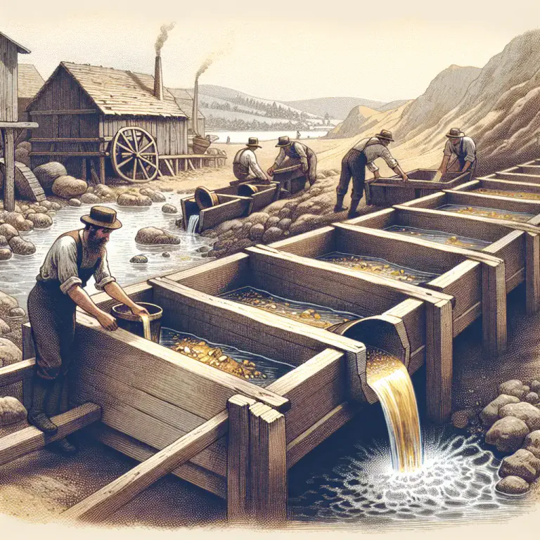 Visual representation of "sluice" - In gold mining, an inclined trough for washing ore, especially a wooden trough divided into compartments in which the sands are washed by a flow of water.