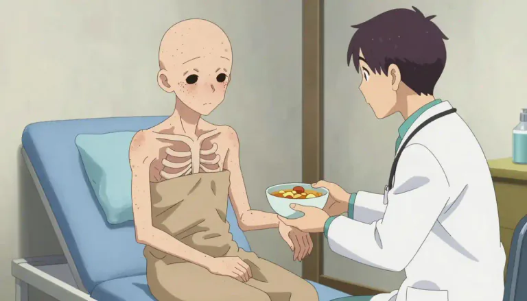 Visual representation of "emaciation" - The state of being weak or excessively thin due to illness or lack of food